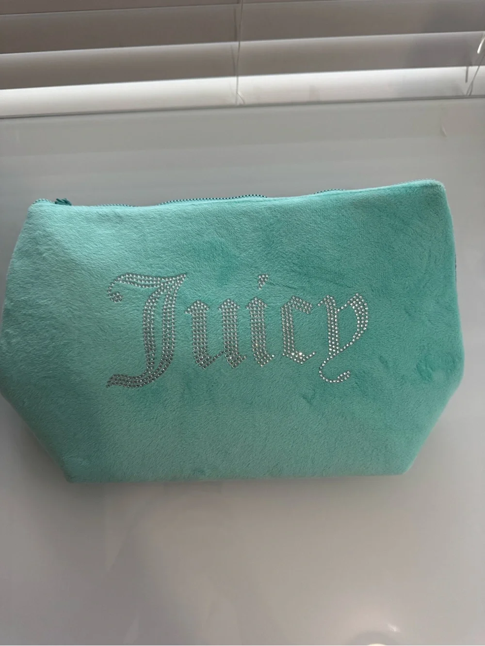 Juicy Couture Teal Mint Blue Velour Velvet Cosmetic Bag Soft Rhinestone